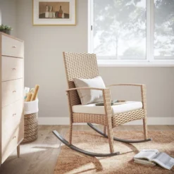 Fauteuil à Bascule,chaise De Chambre Terrasse En Résine Tressée Avec Coussin,Beige - Mondeer -Promos Verde Rêverie Boutique 59610256 4