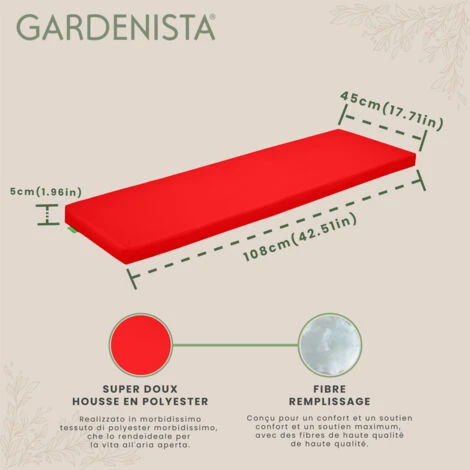 Gardenista Coussin De Siège De Banc 2 Places Pour Jardin, Coussin De Banc Léger Avec Housses Amovibles Résistantes à L'eau Et Rembourrage En Fibre 108 X 45 X 5 Cm, Rouge 4 Gardenista Coussin De Siège De Banc 2 Places Pour Jardin, Coussin De Banc Léger Avec Housses Amovibles Résistantes à L'eau Et Rembourrage En Fibre 108 X 45 X 5 Cm, Rouge – Image 2