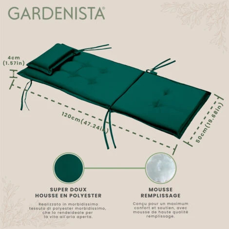 Gardenista Coussins De Siège D'extérieur à Dossier Haut De Qualité Supérieure, Coussins Touffetés Et Pliables Pour Chaise De Jardin Avec Attaches Sécurisées, Coussin De Dossier 120 X 50 X 4 Cm, Vert 4 Gardenista Coussins De Siège D'extérieur à Dossier Haut De Qualité Supérieure, Coussins Touffetés Et Pliables Pour Chaise De Jardin Avec Attaches Sécurisées, Coussin De Dossier 120 X 50 X 4 Cm, Vert – Image 2