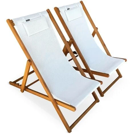 Chiliennes Bois - Creus - 2 Transats En Bois D'Eucalyptus Huilé Avec Coussin Repose-tête Blanc 3 Chiliennes Bois - Creus - 2 Transats En Bois D'Eucalyptus Huilé Avec Coussin Repose-tête Blanc