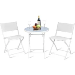 RELAX4LIFE Set De Bistro 1 Table Ronde&2 Chaises Pliables, Salon De Jardin 3 Pièces Extérieur, Cadre En Acier, Verre Trempé, Chaises Portables, Table Bistro Pour Terrasse, Patio, Café (Tout Blanc)