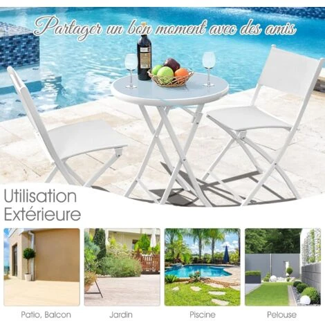 RELAX4LIFE Set De Bistro 1 Table Ronde&2 Chaises Pliables, Salon De Jardin 3 Pièces Extérieur, Cadre En Acier, Verre Trempé, Chaises Portables, Table Bistro Pour Terrasse, Patio, Café (Tout Blanc) 4 RELAX4LIFE Set De Bistro 1 Table Ronde&2 Chaises Pliables, Salon De Jardin 3 Pièces Extérieur, Cadre En Acier, Verre Trempé, Chaises Portables, Table Bistro Pour Terrasse, Patio, Café (Tout Blanc) – Image 2