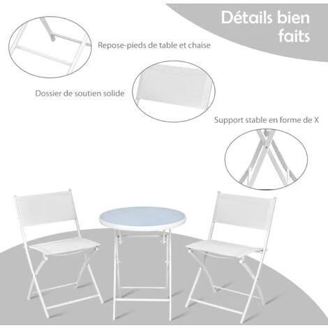 RELAX4LIFE Set De Bistro 1 Table Ronde&2 Chaises Pliables, Salon De Jardin 3 Pièces Extérieur, Cadre En Acier, Verre Trempé, Chaises Portables, Table Bistro Pour Terrasse, Patio, Café (Tout Blanc) 6 RELAX4LIFE Set De Bistro 1 Table Ronde&2 Chaises Pliables, Salon De Jardin 3 Pièces Extérieur, Cadre En Acier, Verre Trempé, Chaises Portables, Table Bistro Pour Terrasse, Patio, Café (Tout Blanc) – Image 4