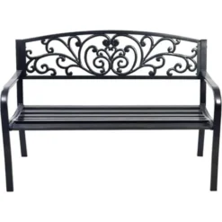 RELAX4LIFE Banc De Jardin En Fonte D’Acier Pour 2-3 Personnes, Résistant Et Confortable Avec Incliné Dossier Ciselé, Accoudoirs Arrondis Et Pieds Durables, Utilisation En Extérieur, Bronzé/Noir (Noir)