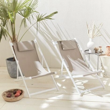 Lot De 2 Bains De Soleil - Gaia Taupe - En Aluminium Blanc Et Textilene Taupe Avec Coussin Repose Tête. Chilienne 4 Lot De 2 Bains De Soleil - Gaia Taupe - En Aluminium Blanc Et Textilene Taupe Avec Coussin Repose Tête. Chilienne – Image 2