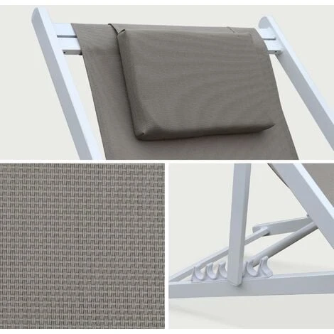 Lot De 2 Bains De Soleil - Gaia Taupe - En Aluminium Blanc Et Textilene Taupe Avec Coussin Repose Tête. Chilienne 6 Lot De 2 Bains De Soleil - Gaia Taupe - En Aluminium Blanc Et Textilene Taupe Avec Coussin Repose Tête. Chilienne – Image 4