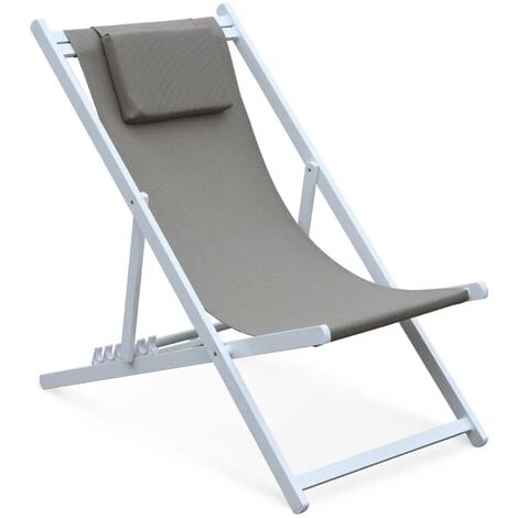 Lot De 2 Bains De Soleil - Gaia Taupe - En Aluminium Blanc Et Textilene Taupe Avec Coussin Repose Tête. Chilienne 7 Lot De 2 Bains De Soleil - Gaia Taupe - En Aluminium Blanc Et Textilene Taupe Avec Coussin Repose Tête. Chilienne – Image 5