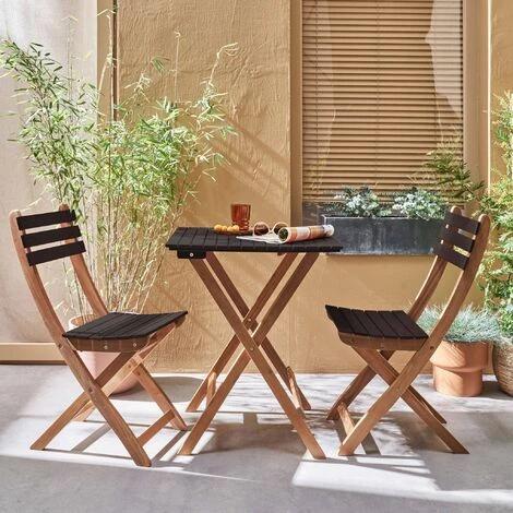 Table De Jardin Bistrot En Bois 60x60cm - Barcelona Bois / Noir - Pliante Bicolore Carrée En Acacia Avec 2 Chaises Pliables 4 Table De Jardin Bistrot En Bois 60x60cm - Barcelona Bois / Noir - Pliante Bicolore Carrée En Acacia Avec 2 Chaises Pliables – Image 2