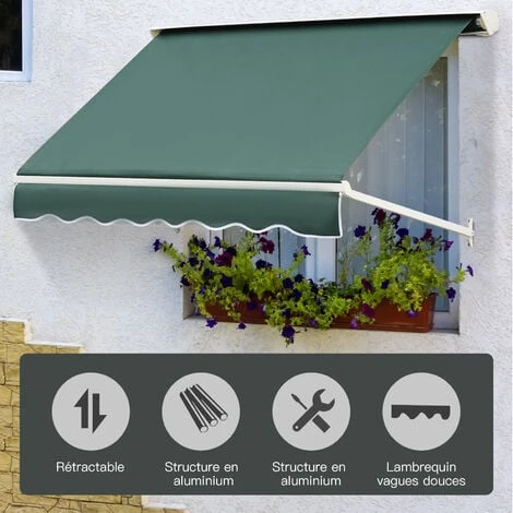 OUTSUNNY Store Banne Manuel Inclinaison Réglable Aluminium Polyester Imperméabilisé 70L X 180l Cm Vert 6 OUTSUNNY Store Banne Manuel Inclinaison Réglable Aluminium Polyester Imperméabilisé 70L X 180l Cm Vert – Image 4