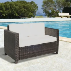 OUTSUNNY Canapé De Jardin 2 Places Canapé Droit 4 Coussins Déhoussables 130L X 70l X 80H Cm Résine Tressée Chocolat -Promos Verde Rêverie Boutique 6812200 2