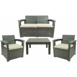 Set Salon D’extérieur - Salon De Jardin Pour 4 Personnes - 2 Fauteuils, 1 Canapé Et 1 Table - Avec Coussins - Gris