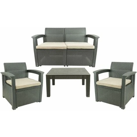Set Salon D’extérieur - Salon De Jardin Pour 4 Personnes - 2 Fauteuils, 1 Canapé Et 1 Table - Avec Coussins - Gris 3 Set Salon D’extérieur - Salon De Jardin Pour 4 Personnes - 2 Fauteuils, 1 Canapé Et 1 Table - Avec Coussins - Gris