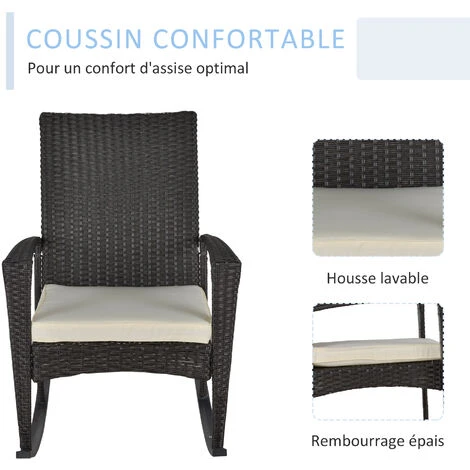 OUTSUNNY Fauteuil à Bascule Rocking Chair Avec Coussin D'assise Déhoussable 66L X 88l X 98H Cm Résine Tressée Imitation Rotin Chocolat 7 OUTSUNNY Fauteuil à Bascule Rocking Chair Avec Coussin D'assise Déhoussable 66L X 88l X 98H Cm Résine Tressée Imitation Rotin Chocolat – Image 5