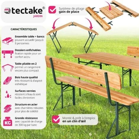 Table De Jardin Pliante 176 X 69 X 76 Cm Avec Bancs - Table De Camping, Table De Réception, Table Et Bancs Pliant En Bois 4 Table De Jardin Pliante 176 X 69 X 76 Cm Avec Bancs - Table De Camping, Table De Réception, Table Et Bancs Pliant En Bois – Image 2