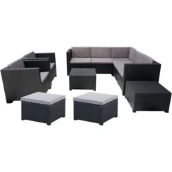 Oasis: Salon De Jardin En Angle 9 Places En Résine Injectée. Finition Résine Tressée