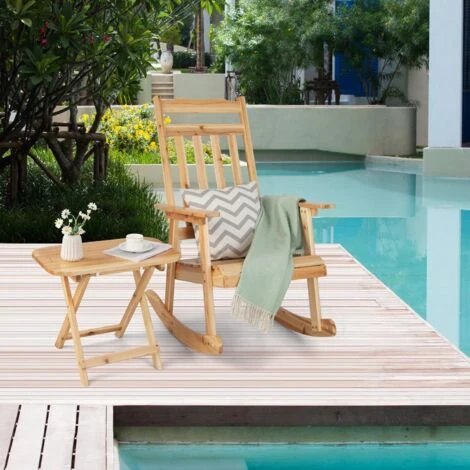 COSTWAY Fauteuil à Bascule De Porche Avec Table Pliable, Ensemble De 2 Bistrot De Terrasse En Bois De Sapin Massif, Chaise De Jardin Pour L'Extérieur à L'Intérieur, Naturel 4 COSTWAY Fauteuil à Bascule De Porche Avec Table Pliable, Ensemble De 2 Bistrot De Terrasse En Bois De Sapin Massif, Chaise De Jardin Pour L'Extérieur à L'Intérieur, Naturel – Image 2