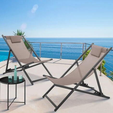 Lot De 2 Chiliennes LOTA En Acier Et Toile Textilène Taupe 4 Lot De 2 Chiliennes LOTA En Acier Et Toile Textilène Taupe – Image 2