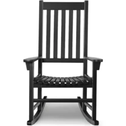 RELAX4LIFE Fauteuil à Bascule En Bois D'acacia, Certifié FSC, Chaise Monoplace Avec Accoudoirs Et Assise À Lattes, Chaise Berçante Extérieur Et Intérieur Pour Salon, Terrasse, Balcon (Noir)