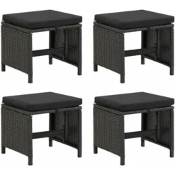 Lot De 4 Tabourets De Jardin Moderne Avec Coussins Résine Tressée Noir,40,5 X 40,5 X 35 Cm