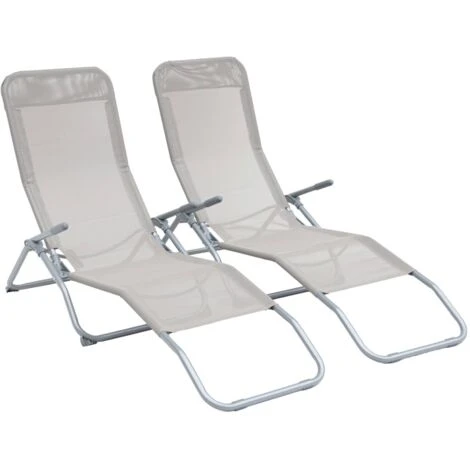 Lot De 2 Bains De Soleil Pliants - Levito Gris Taupe- Transats Textilène 2 Positions. Chaises Longues 4 Lot De 2 Bains De Soleil Pliants - Levito Gris Taupe- Transats Textilène 2 Positions. Chaises Longues – Image 2