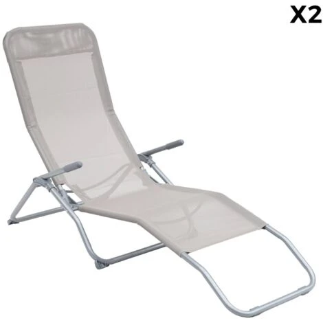 Lot De 2 Bains De Soleil Pliants - Levito Gris Taupe- Transats Textilène 2 Positions. Chaises Longues 6 Lot De 2 Bains De Soleil Pliants - Levito Gris Taupe- Transats Textilène 2 Positions. Chaises Longues – Image 4