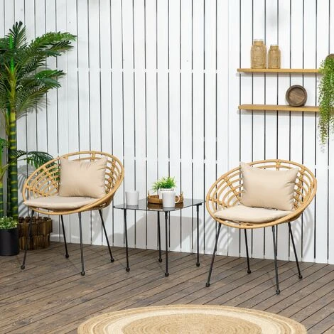 OUTSUNNY Lot De 2 Chaises De Jardin Style Colonial Coussins Beige Inclus Résine Tressée Et Filaire Aspect Rotin 4 OUTSUNNY Lot De 2 Chaises De Jardin Style Colonial Coussins Beige Inclus Résine Tressée Et Filaire Aspect Rotin – Image 2