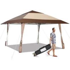COSTWAY Tonnelle De Jardin Pliante 4M X 4M Avec Supports En Fer Et Roues/Tente De Reception Imperméable UPF 50+ à Hauteur 265-285CM Avant-Toits Sac Portable Pour 8-10 Personnes-Beige