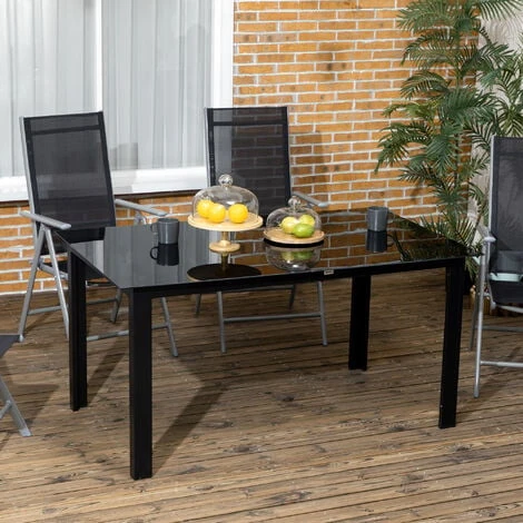 OUTSUNNY Table De Jardin Rectangulaire 6 Personnes Dim. 150L X 90l X 74H Cm Alu. Plateau Verre Trempé Noir 4 OUTSUNNY Table De Jardin Rectangulaire 6 Personnes Dim. 150L X 90l X 74H Cm Alu. Plateau Verre Trempé Noir – Image 2