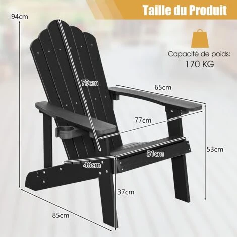 COSTWAY Fauteuil De Jardin Adirondack En HIPS Bois Massif Imperméable Avec Porte-Gobelet Charge 170KG Pour Piscine Terrasse, Noir 7 COSTWAY Fauteuil De Jardin Adirondack En HIPS Bois Massif Imperméable Avec Porte-Gobelet Charge 170KG Pour Piscine Terrasse, Noir – Image 5