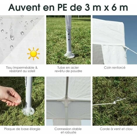 COSTWAY Tonnelle De Jardin 3 M X 6 M Étanche/Tente De Réception/Barnum En Tube Métal 6 Cordes à Vent Et 12 Piquets, Pour Fêtes Commercial Mariage, Blanc 4 COSTWAY Tonnelle De Jardin 3 M X 6 M Étanche/Tente De Réception/Barnum En Tube Métal 6 Cordes à Vent Et 12 Piquets, Pour Fêtes Commercial Mariage, Blanc – Image 2