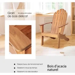RELAX4LIFE Fauteuil Adirondack En Bois Acacia Massif, Certifié FSC, Résistant Aux Intempéries,Chaise D'Extérieur Charge Max 160 KG Pour Balcon, Terrasse, Plage, Naturel -Promos Verde Rêverie Boutique 88108265 5