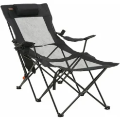 OUTSUNNY Chaise De Camping Pliable Réglable - Repose-pied, Porte-gobelets, Tétière, Pochette, Sac Transport - Noir