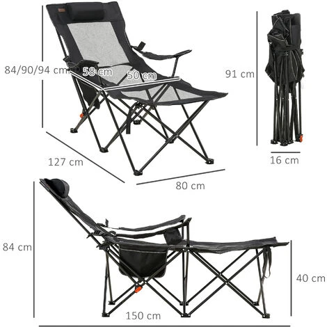 OUTSUNNY Chaise De Camping Pliable Réglable - Repose-pied, Porte-gobelets, Tétière, Pochette, Sac Transport - Noir 5 OUTSUNNY Chaise De Camping Pliable Réglable - Repose-pied, Porte-gobelets, Tétière, Pochette, Sac Transport - Noir – Image 3