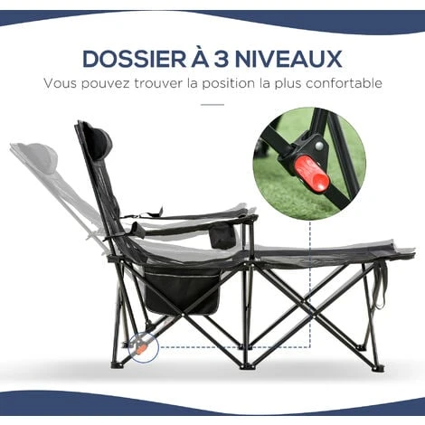 OUTSUNNY Chaise De Camping Pliable Réglable - Repose-pied, Porte-gobelets, Tétière, Pochette, Sac Transport - Noir 7 OUTSUNNY Chaise De Camping Pliable Réglable - Repose-pied, Porte-gobelets, Tétière, Pochette, Sac Transport - Noir – Image 5