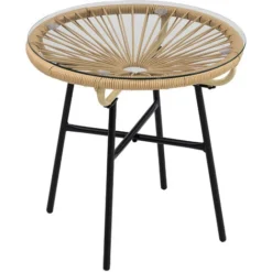 OUTSUNNY Table Basse Ronde De Jardin En Résine Aspect Rotin Métal Et Plateau Verre Trempé Ø 50 X 50H Cm Beige