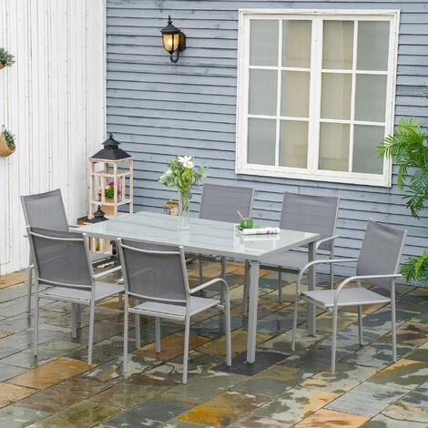 OUTSUNNY Ensemble De Jardin 6 Personnes Chaises Empilables Table à Manger Dim. 150L X 90l X 72H Cm Plateau Verre Acier époxy Textilène Gris 4 OUTSUNNY Ensemble De Jardin 6 Personnes Chaises Empilables Table à Manger Dim. 150L X 90l X 72H Cm Plateau Verre Acier époxy Textilène Gris – Image 2