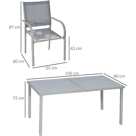OUTSUNNY Ensemble De Jardin 6 Personnes Chaises Empilables Table à Manger Dim. 150L X 90l X 72H Cm Plateau Verre Acier époxy Textilène Gris 5 OUTSUNNY Ensemble De Jardin 6 Personnes Chaises Empilables Table à Manger Dim. 150L X 90l X 72H Cm Plateau Verre Acier époxy Textilène Gris – Image 3