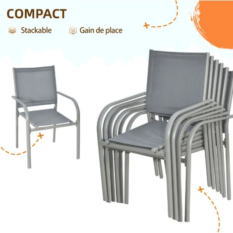 OUTSUNNY Ensemble De Jardin 6 Personnes Chaises Empilables Table à Manger Dim. 150L X 90l X 72H Cm Plateau Verre Acier époxy Textilène Gris 6 OUTSUNNY Ensemble De Jardin 6 Personnes Chaises Empilables Table à Manger Dim. 150L X 90l X 72H Cm Plateau Verre Acier époxy Textilène Gris – Image 4