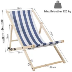 Chaise Longue De Jardin Chaise Longue En Pin Pliable Chaise Longue De Balcon En Bois Chaise De Plage Bleu Blanc -Promos Verde Rêverie Boutique 92500640 4