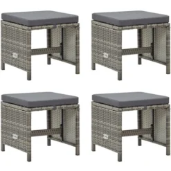 JOLI® Mode Tabourets De Jardin 4 Pcs - Chaises D'extérieur Avec Coussins Résine Tressée Gris TOP57689
