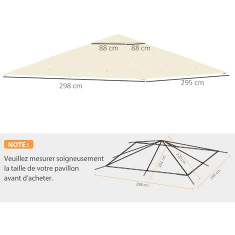 OUTSUNNY Toile De Rechange Pour Pavillon Tonnelle Tente 3 X 3 M Polyester Haute Densité 180 G/m² Revêtement PA Anti-UV Crème 5 OUTSUNNY Toile De Rechange Pour Pavillon Tonnelle Tente 3 X 3 M Polyester Haute Densité 180 G/m² Revêtement PA Anti-UV Crème – Image 3