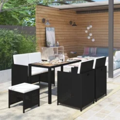 JOLI® Mode Ensemble Repas De Jardin D'extérieur - Mobilier D'extérieur 6 Pcs Résine Tressée Et Bois D'acacia Noir TOP80468