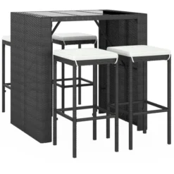 Set De 1 Table + 4 Tabourets De Bar De Jardin Ensemble Table Et Chaises Avec Coussins Noir Poly Rotin 50280 -Promos Verde Rêverie Boutique 94120354 3