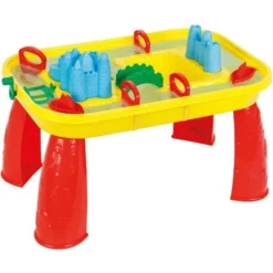 PILSAN Table De Sable Et D'eau, Jaune Et Rouge, Table Jeu D'Eau Construction Robuste A Partir De 3 Ans Comprend 9 Accessoires Facile à Assembler Dimensions 58x38x38 Cm
