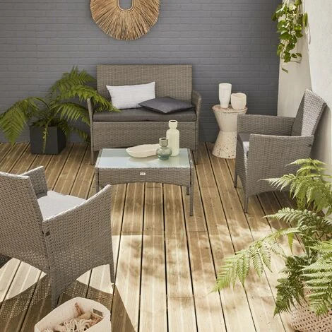 Ensemble De Jardin En Résine Tressée. Salon 4 Places Fauteuil Moltès Gris / Gris 4 Ensemble De Jardin En Résine Tressée. Salon 4 Places Fauteuil Moltès Gris / Gris – Image 2