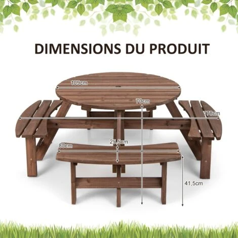 COSTWAY Ensemble De Table Et 4 Bancs De Jardin, 8 Personnes En Sapin Verni, Table De Pique-Nique Avec Trou De Parasol 6 COSTWAY Ensemble De Table Et 4 Bancs De Jardin, 8 Personnes En Sapin Verni, Table De Pique-Nique Avec Trou De Parasol – Image 4