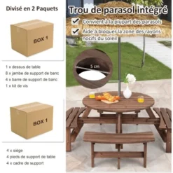 COSTWAY Ensemble De Table Et 4 Bancs De Jardin, 8 Personnes En Sapin Verni, Table De Pique-Nique Avec Trou De Parasol 11 COSTWAY Ensemble De Table Et 4 Bancs De Jardin, 8 Personnes En Sapin Verni, Table De Pique-Nique Avec Trou De Parasol -Promos Verde Rêverie Boutique 95963475 5