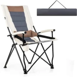 COSTWAY Chaise Pliante Camping Charge 150 KG, Fauteuil Pliant Camping Extérieur Portable Cadre Métal, Porte-Gobelet, Dossier Haut, Accoudoirs, Coussin Lombaire, Pour Plage, Pique-Nique, Jardin, Pêche