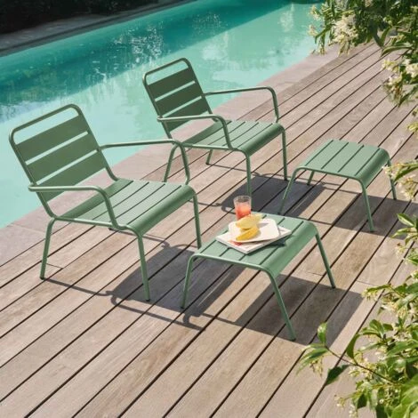 Lot De 2 Fauteuils Relax Avec Repose-pieds En Métal Vert Sauge - Palavas 4 Lot De 2 Fauteuils Relax Avec Repose-pieds En Métal Vert Sauge - Palavas – Image 2