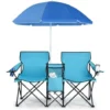 COSTWAY Chaise De Camping Pliante, Fauteuil De Jardin 2 Places Avec Glacière, Porte-gobelet, Parasol, Sac,152x52x85CM, Charge Max 113 KG, Pour Randonnée, Plage, Pêche (Turquoise)
